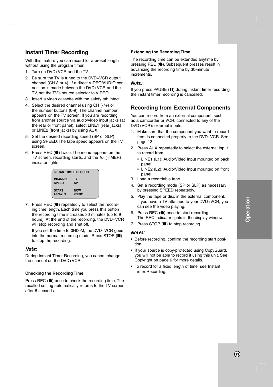 Instant timer recording, Recording from external components, Operation | JVC HR-XVC39SU User Manual | Page 23 / 36
