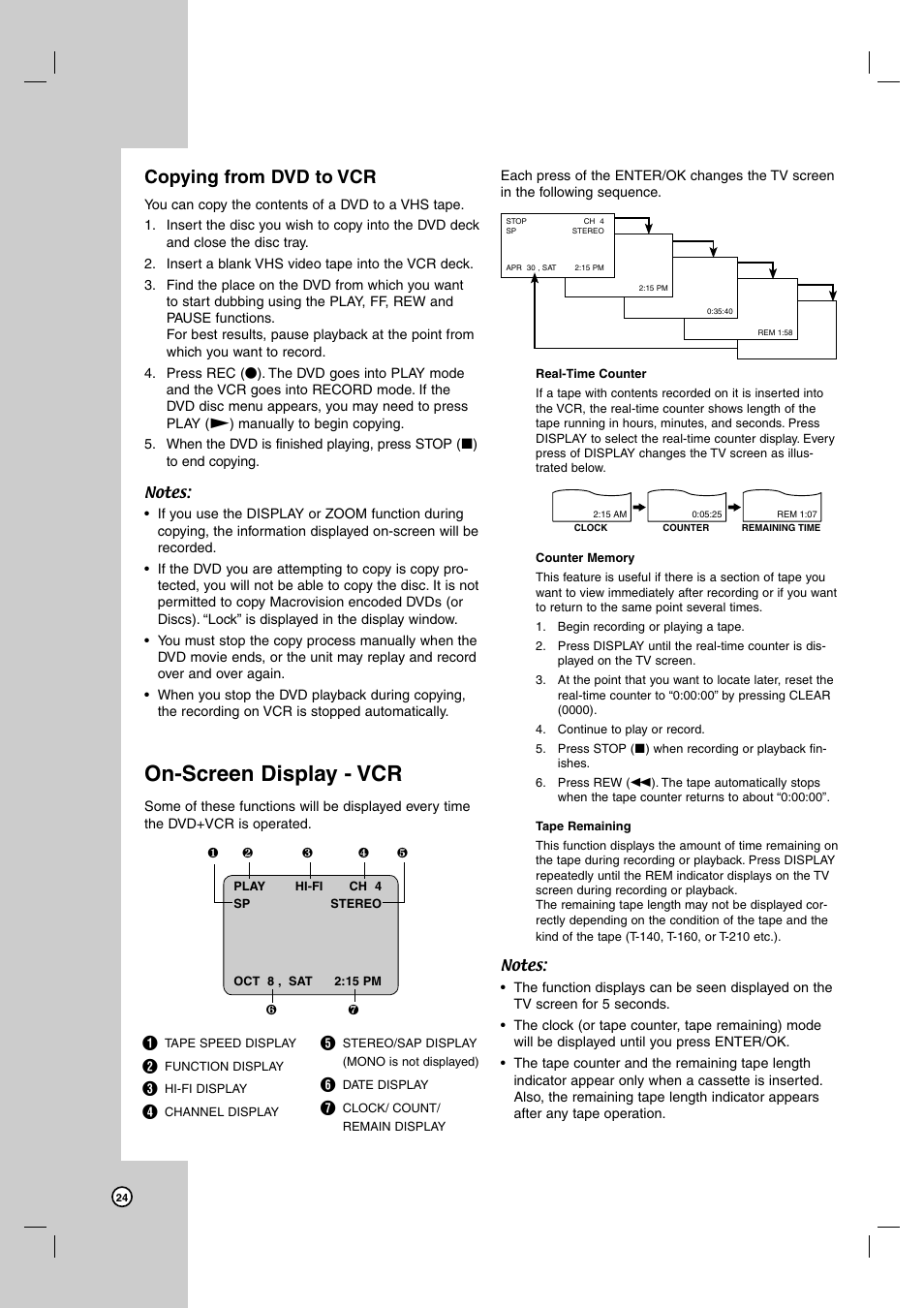 On-screen display - vcr, Copying from dvd to vcr | JVC HR-XVC39SU User Manual | Page 24 / 36