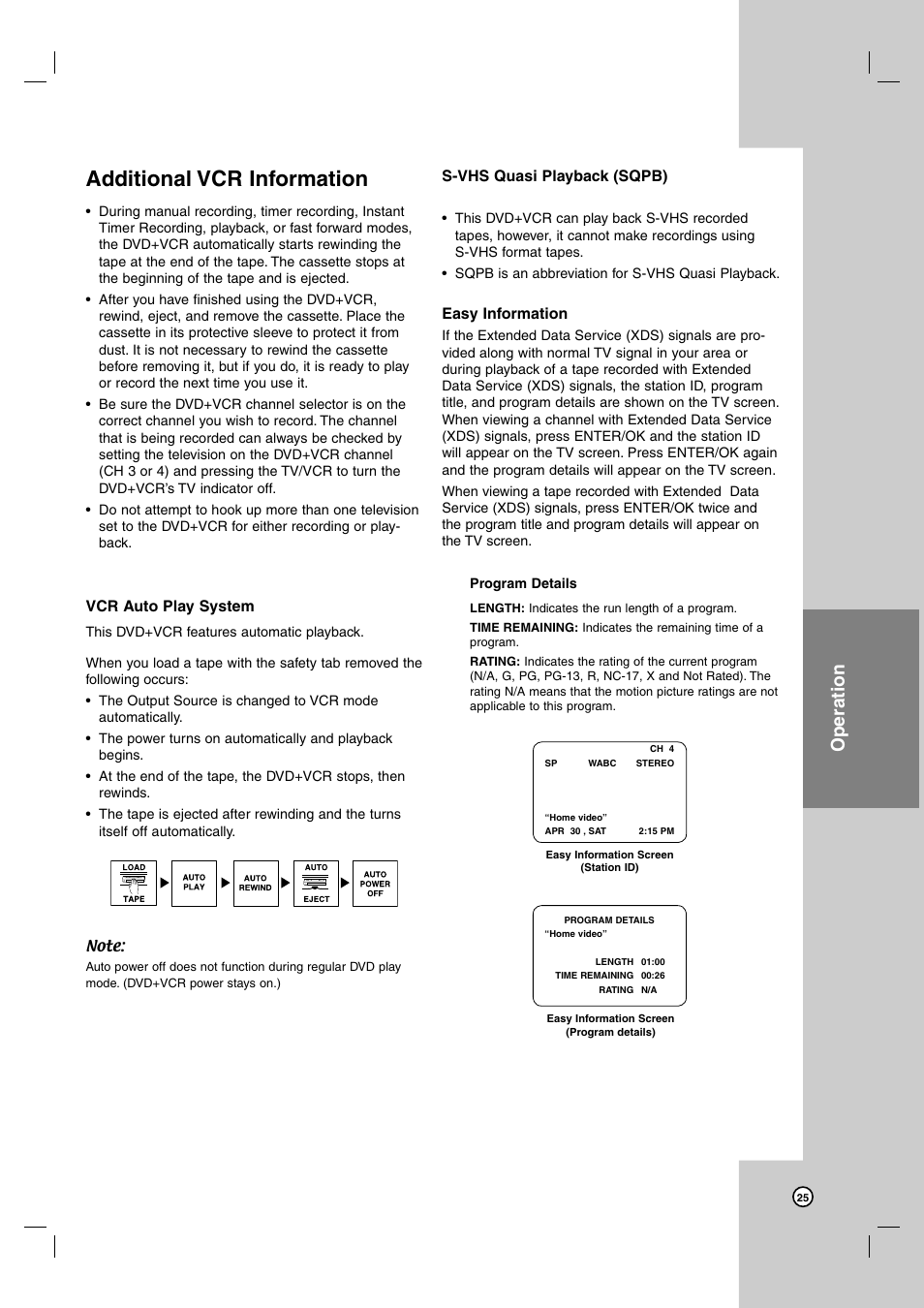 Additional vcr information, Operation, Vcr auto play system | S-vhs quasi playback (sqpb), Easy information | JVC HR-XVC39SU User Manual | Page 25 / 36