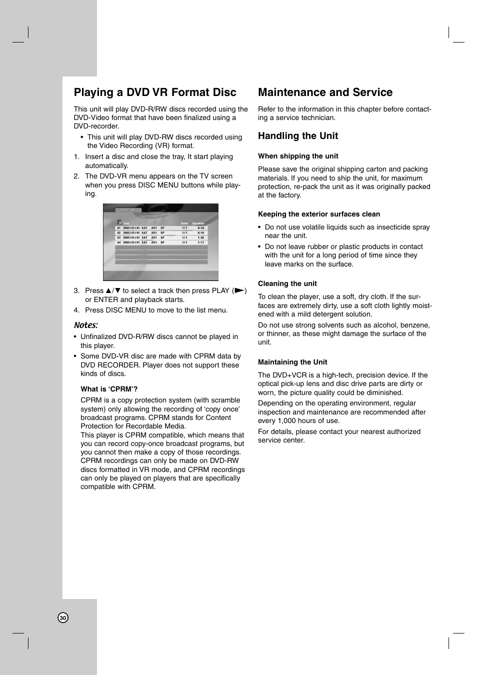 Playing a dvd vr format disc, Maintenance and service, Handling the unit | JVC HR-XVC39SU User Manual | Page 30 / 36