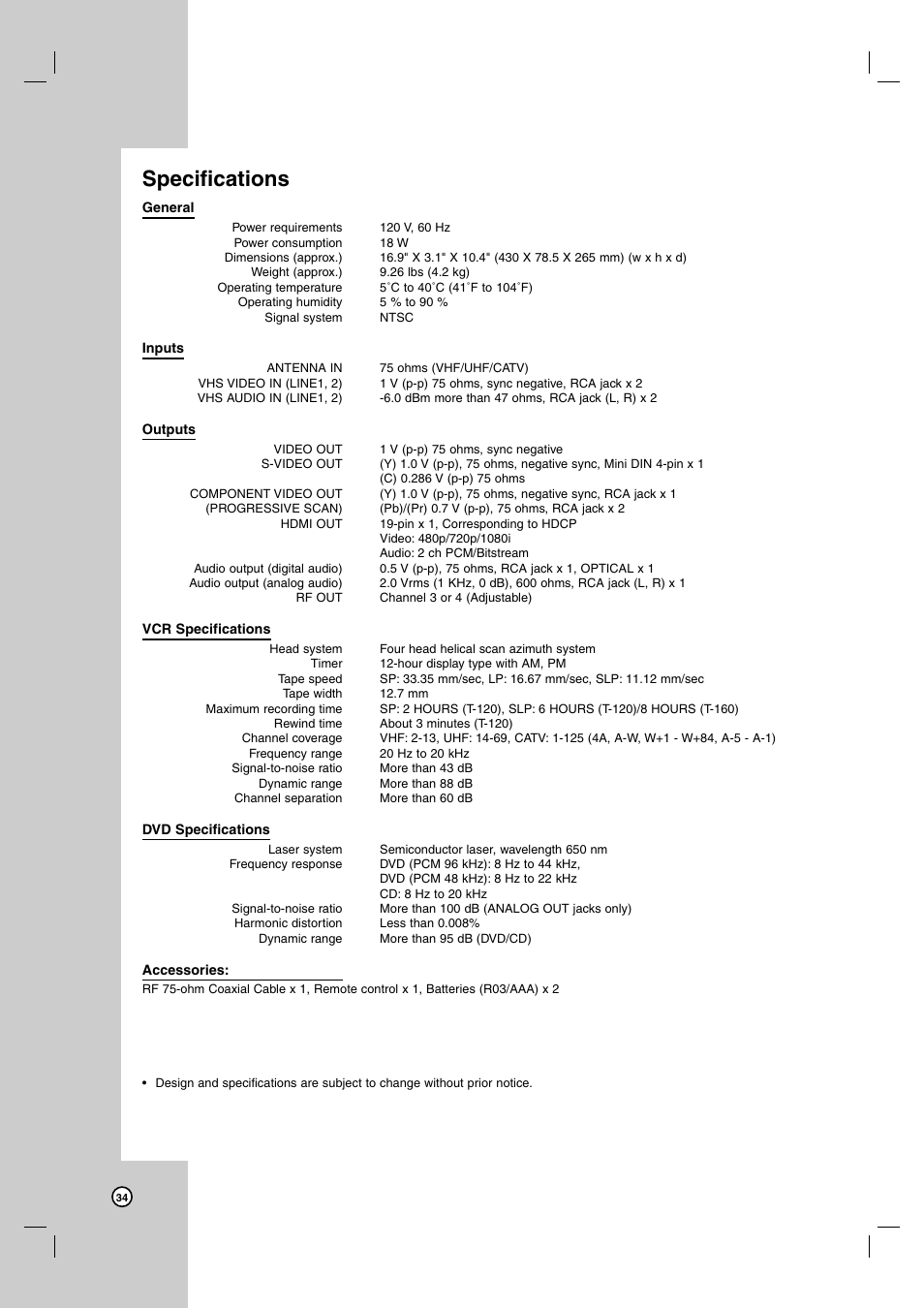 Specifications | JVC HR-XVC39SU User Manual | Page 34 / 36