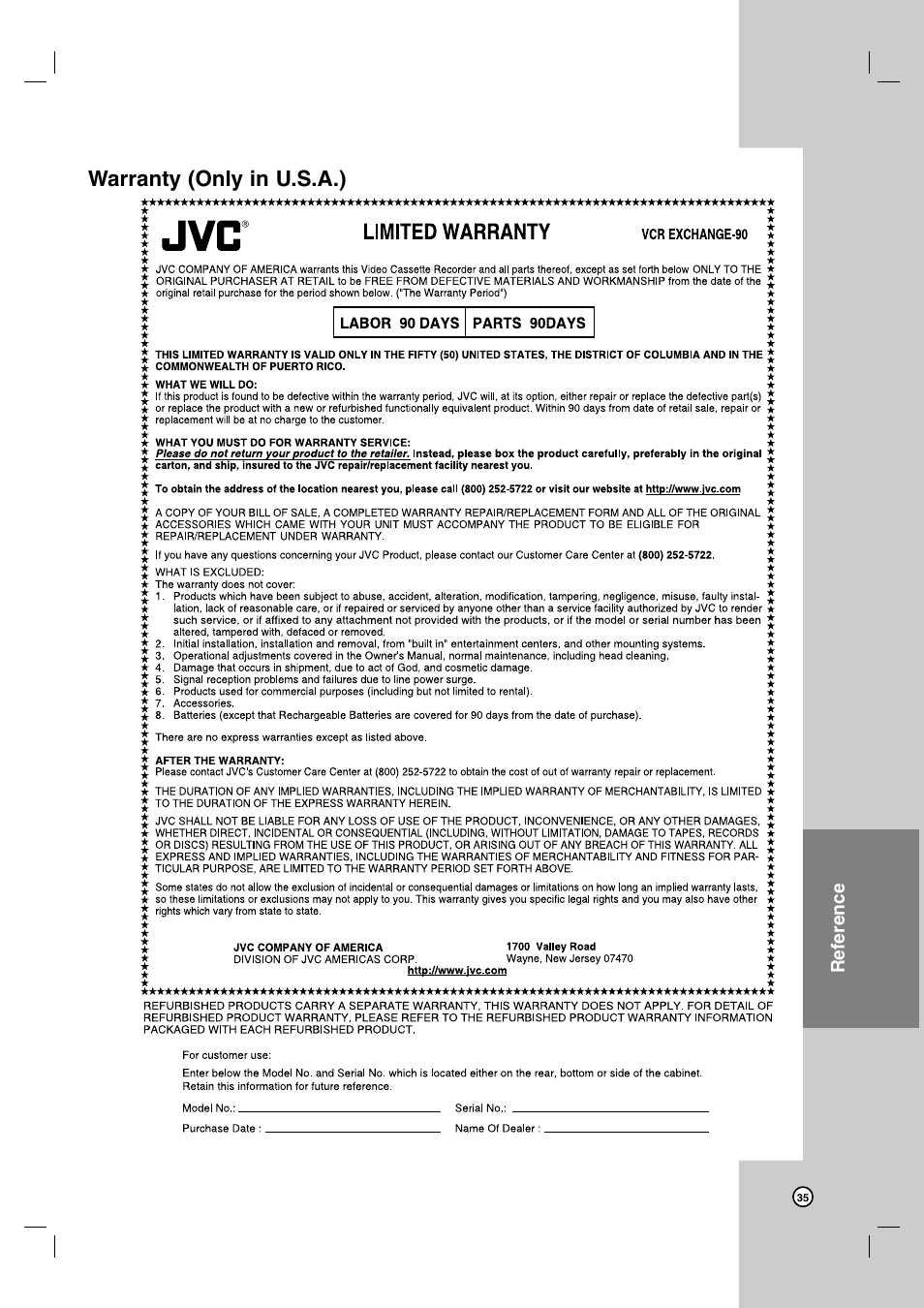 Warranty (only in u.s.a.) | JVC HR-XVC39SU User Manual | Page 35 / 36