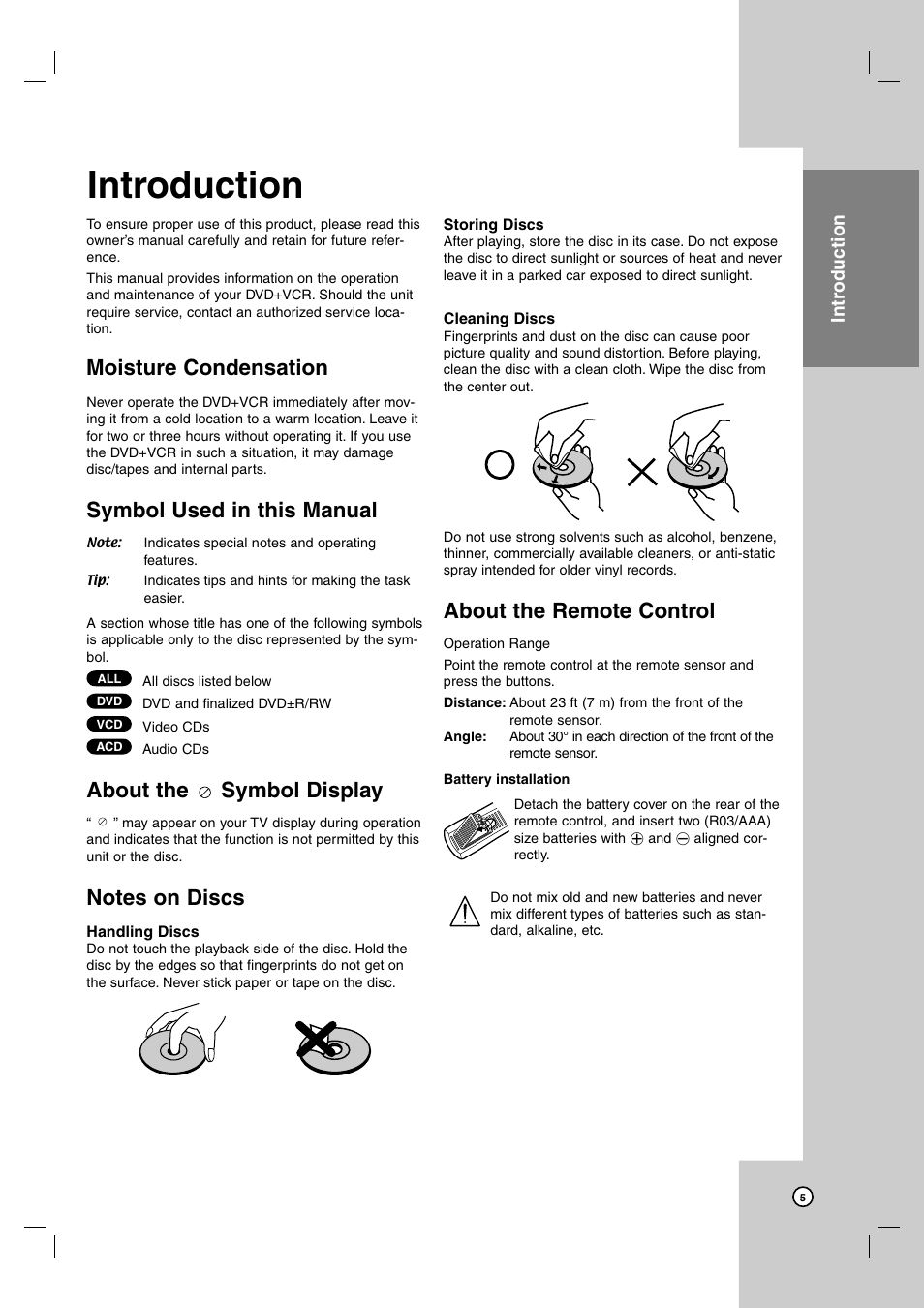 Introduction, Symbol used in this manual, About the symbol display | About the remote control, Moisture condensation | JVC HR-XVC39SU User Manual | Page 5 / 36
