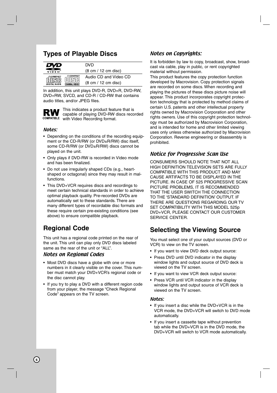 Types of playable discs, Regional code, Selecting the viewing source | JVC HR-XVC39SU User Manual | Page 6 / 36