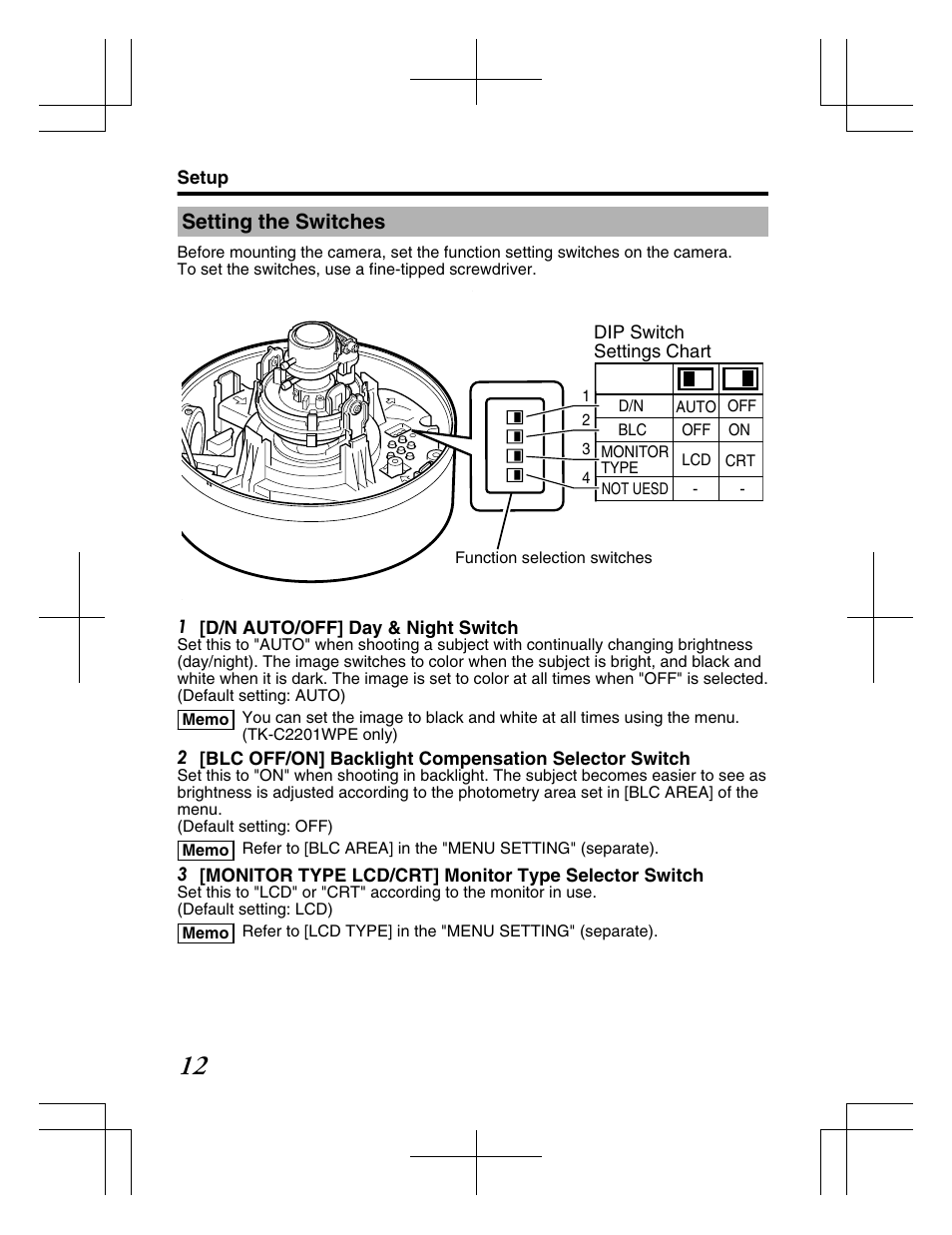 Setting the switches | JVC TK-C2201WPE User Manual | Page 12 / 32