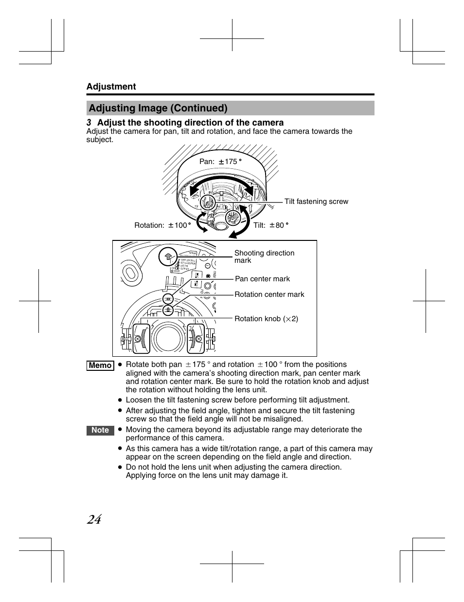 Adjusting image (continued), 3 adjust the shooting direction of the camera, Adjustment | JVC TK-C2201WPE User Manual | Page 24 / 32