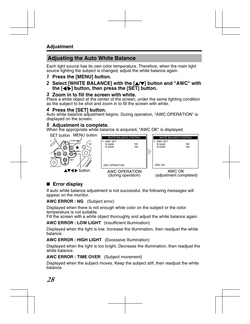 Adjusting the auto white balance, 4 press the [set] button, 5 adjustment is complete | Error display, Adjustment | JVC TK-C2201WPE User Manual | Page 28 / 32