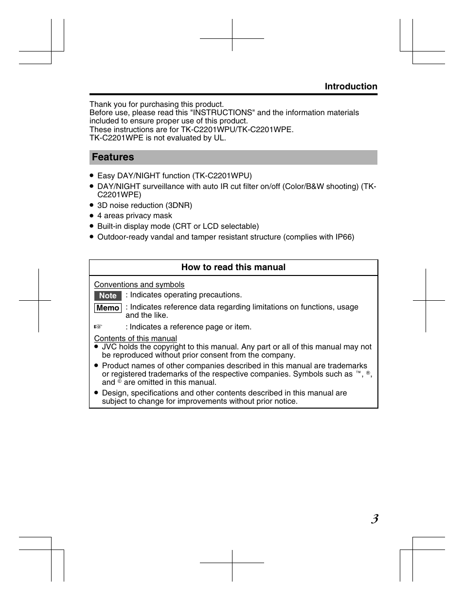 Features | JVC TK-C2201WPE User Manual | Page 3 / 32