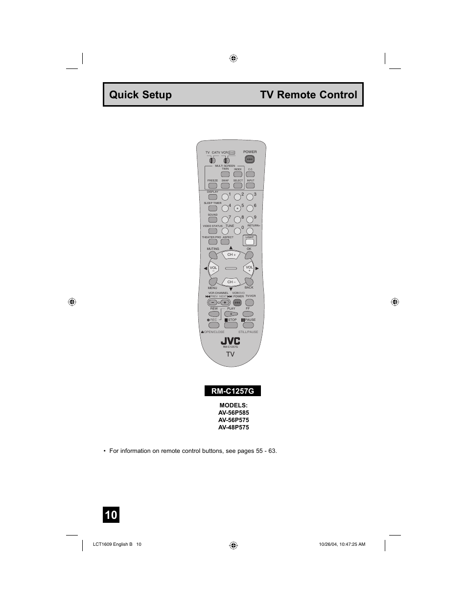 Quick setup tv remote control, Rm-c1257g | JVC I'Art LCT1609-001B-A User Manual | Page 10 / 72