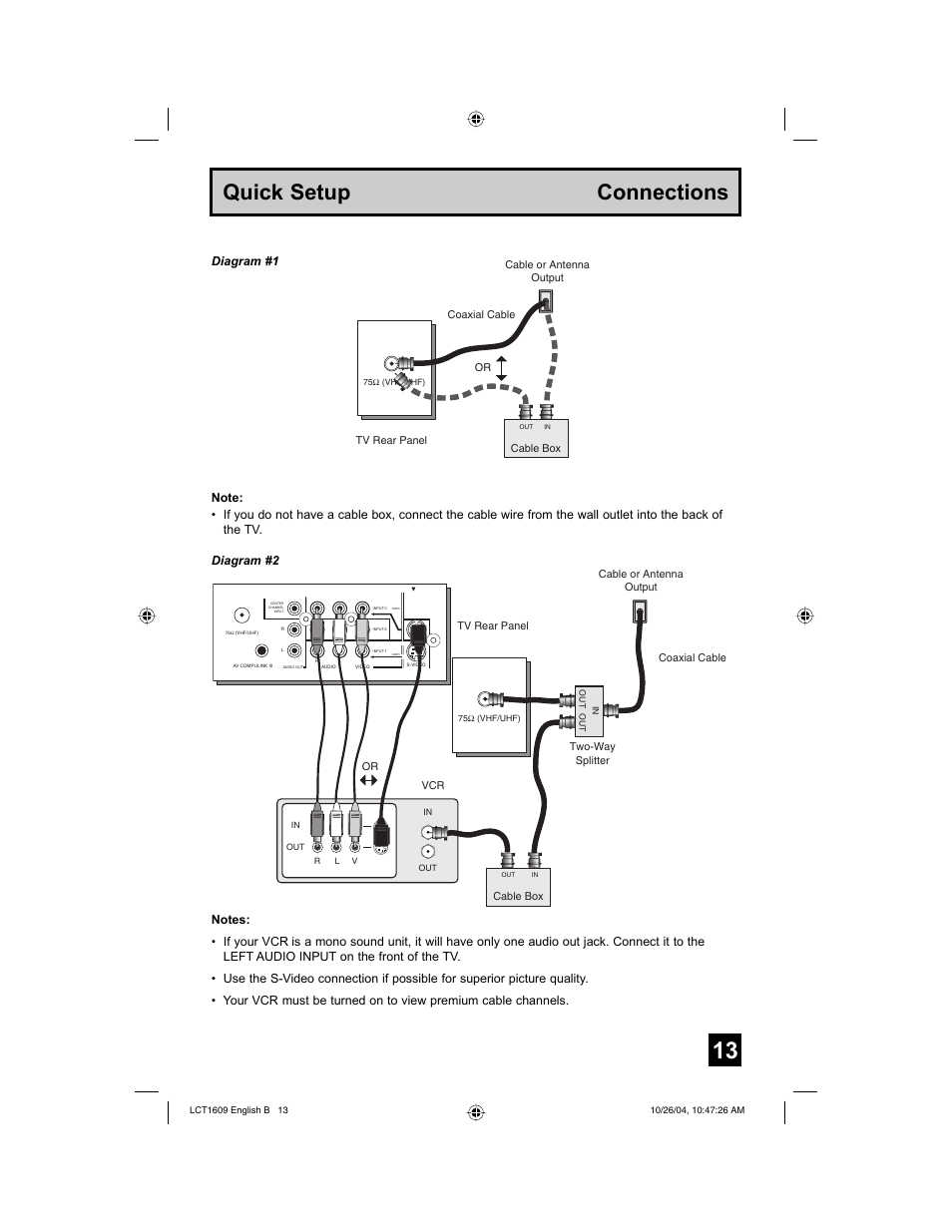 Quick setup connections, Diagram #1 | JVC I'Art LCT1609-001B-A User Manual | Page 13 / 72