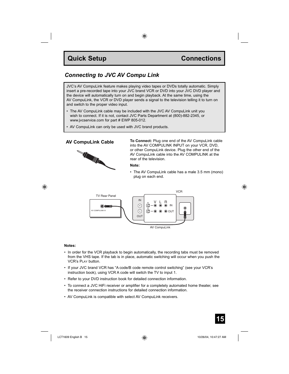 Quick setup connections, Connecting to jvc av compu link | JVC I'Art LCT1609-001B-A User Manual | Page 15 / 72