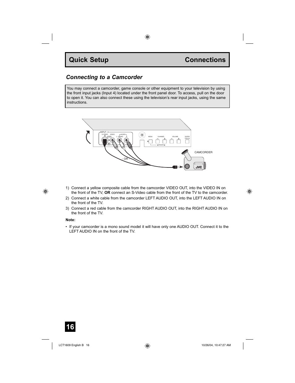 Quick setup connections, Connecting to a camcorder | JVC I'Art LCT1609-001B-A User Manual | Page 16 / 72