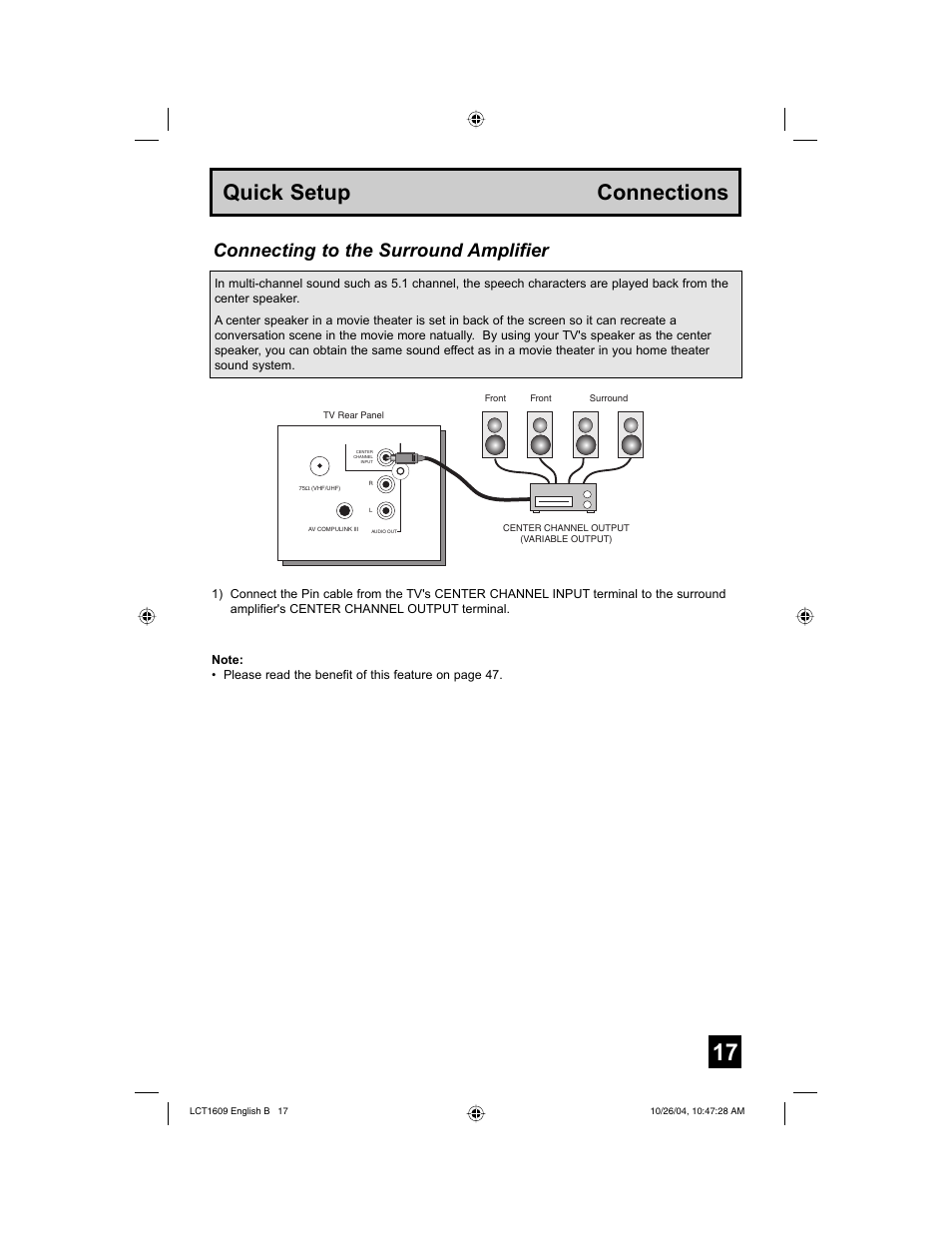 Quick setup connections, Connecting to the surround amplifier | JVC I'Art LCT1609-001B-A User Manual | Page 17 / 72