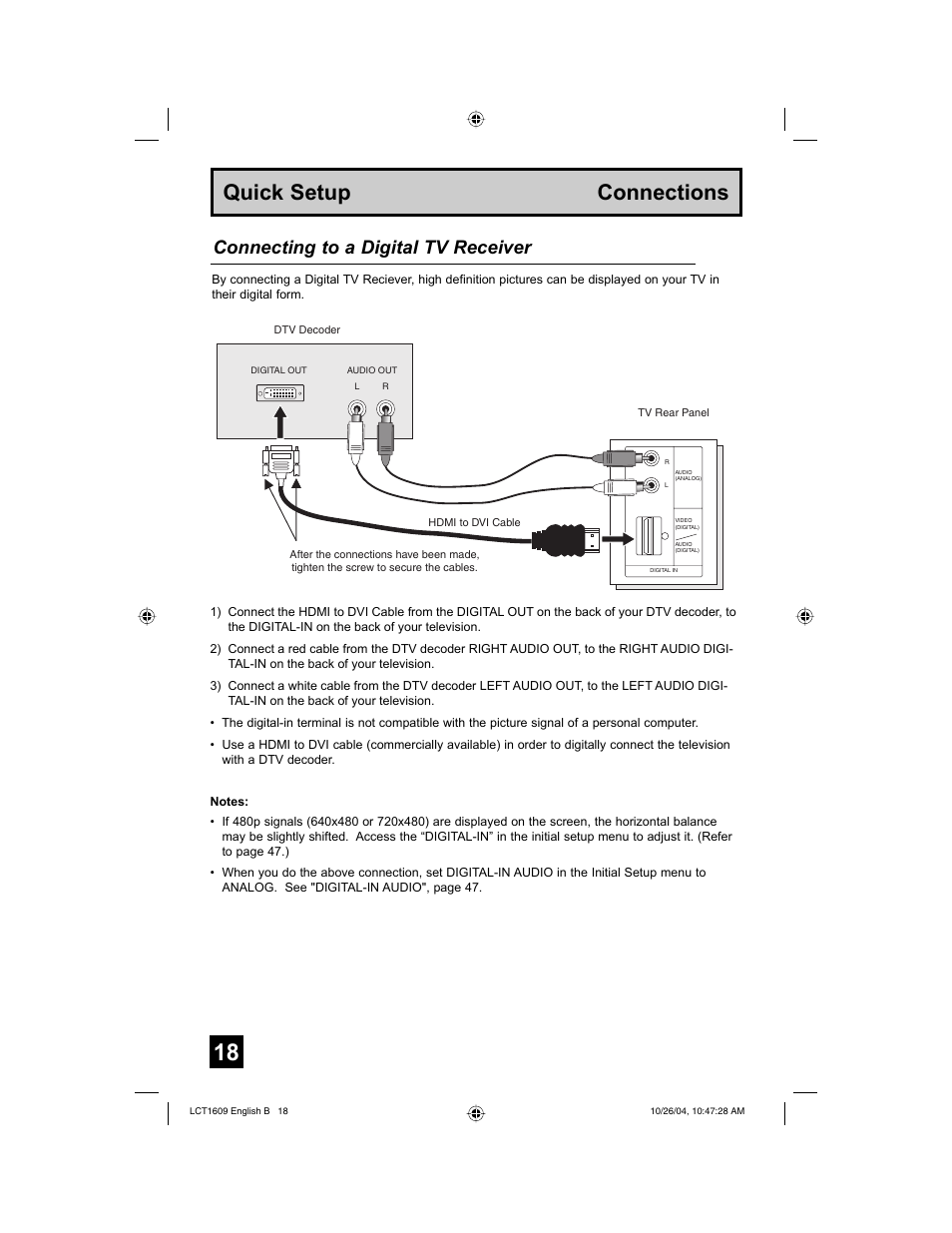 Quick setup connections, Connecting to a digital tv receiver | JVC I'Art LCT1609-001B-A User Manual | Page 18 / 72