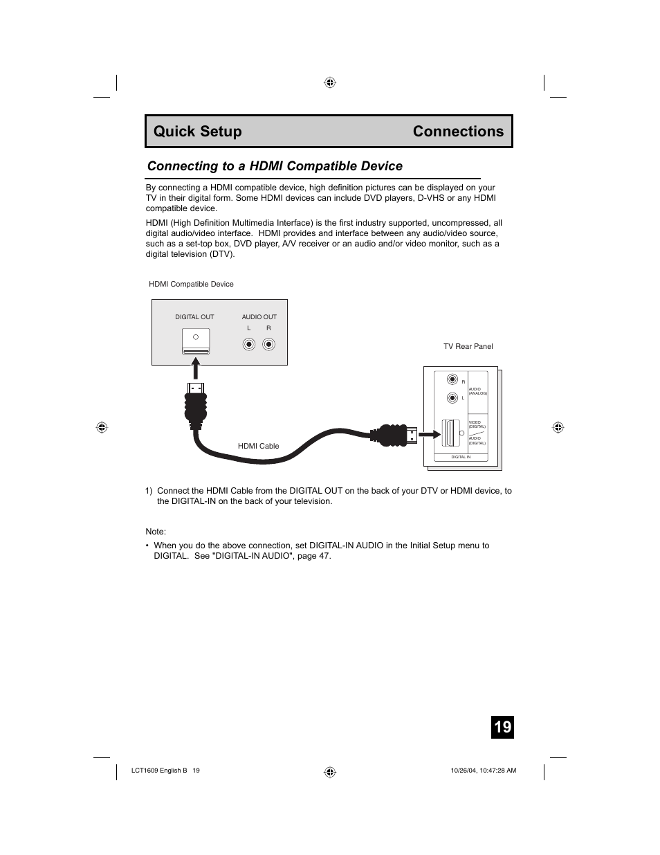 Quick setup connections, Connecting to a hdmi compatible device | JVC I'Art LCT1609-001B-A User Manual | Page 19 / 72