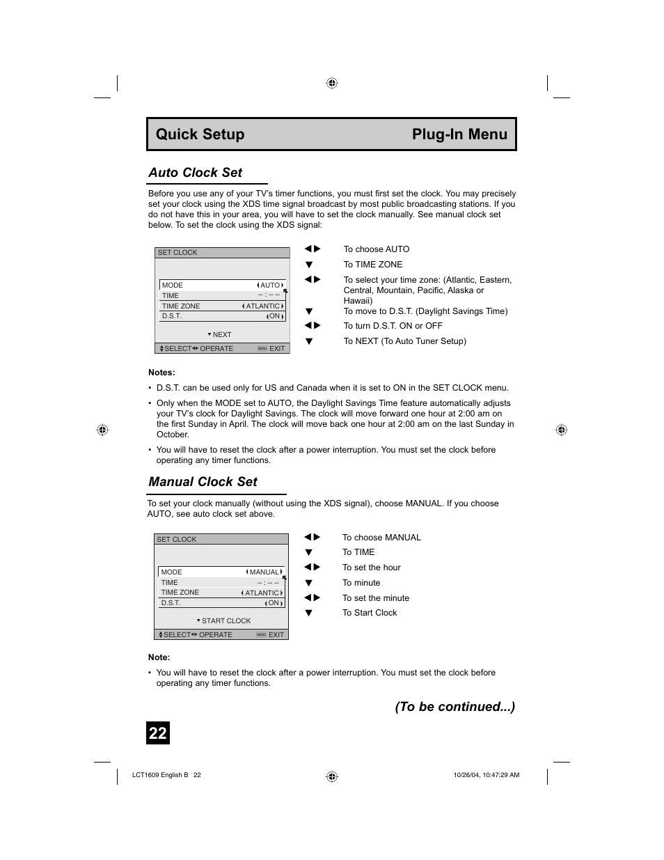 Quick setup plug-in menu, Manual clock set, Auto clock set (to be continued...) | JVC I'Art LCT1609-001B-A User Manual | Page 22 / 72