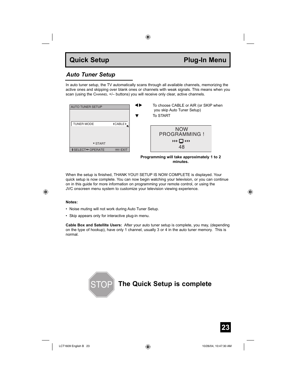 Stop, Quick setup plug-in menu, The quick setup is complete | Auto tuner setup | JVC I'Art LCT1609-001B-A User Manual | Page 23 / 72