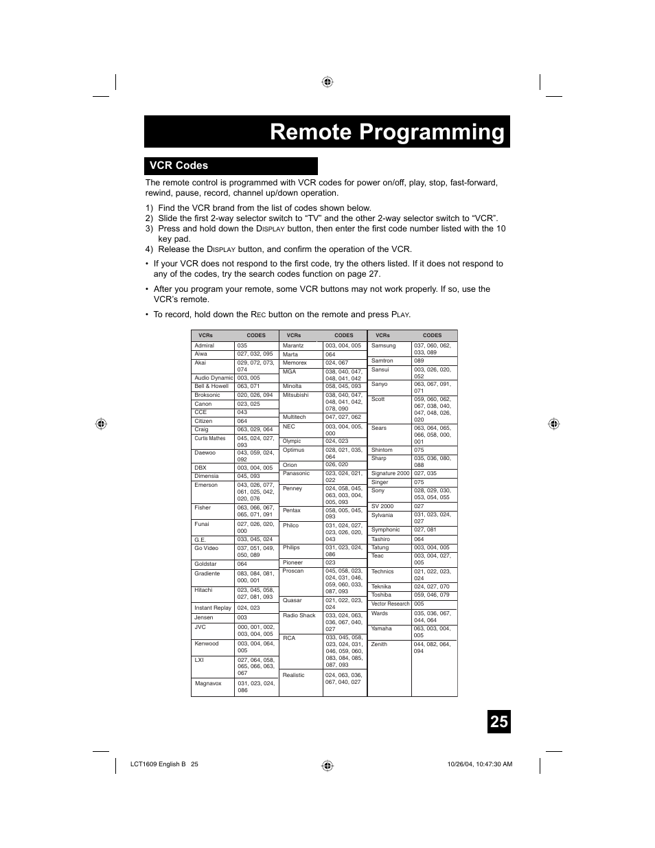 Remote programming, Vcr codes | JVC I'Art LCT1609-001B-A User Manual | Page 25 / 72