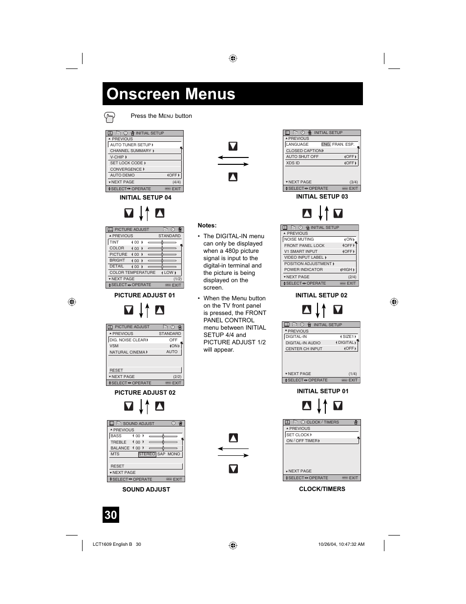 Onscreen menus, Press the m, Button | Clock/timers, Initial setup 03 initial setup 02, Initial setup 01 | JVC I'Art LCT1609-001B-A User Manual | Page 30 / 72