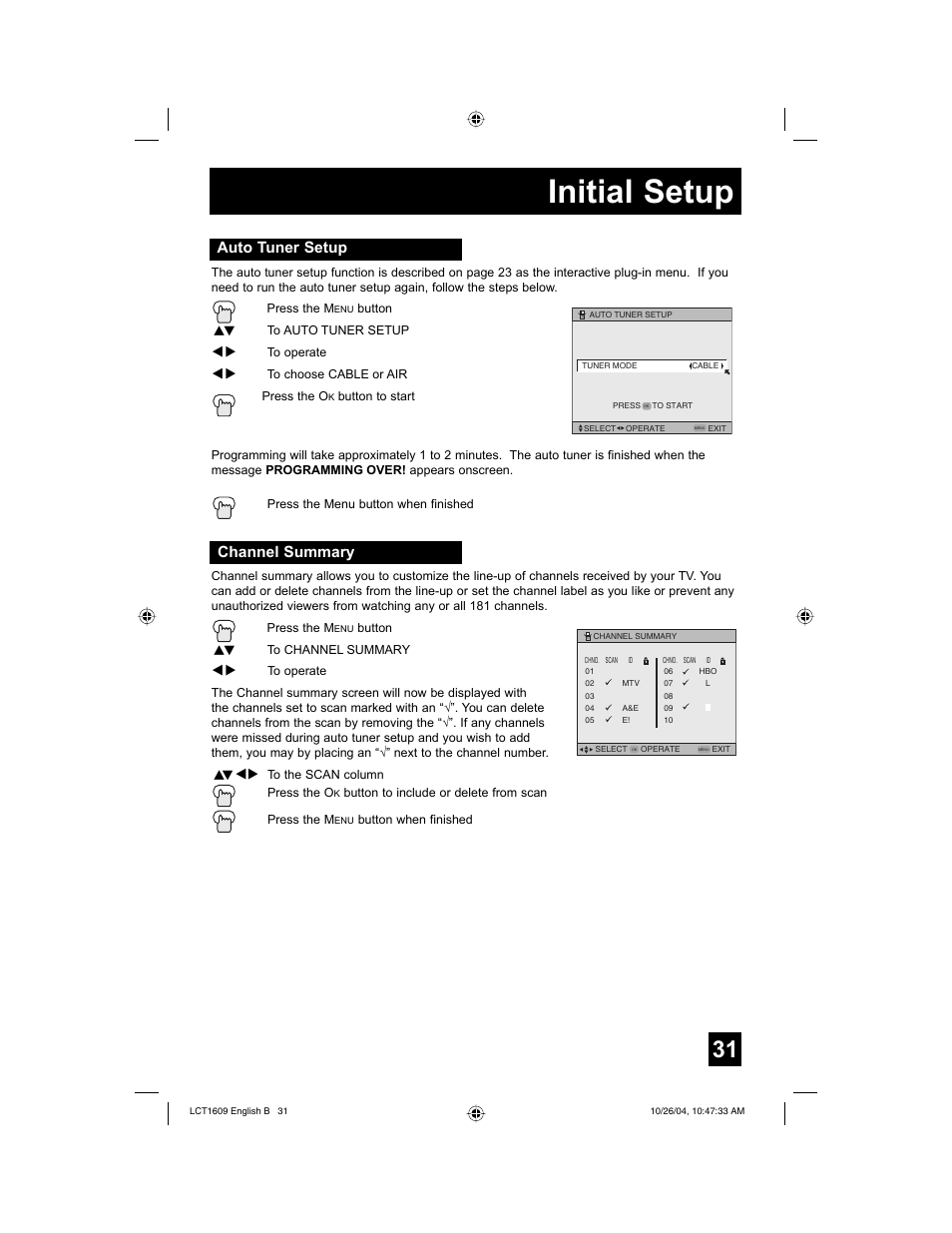 Initial setup, Auto tuner setup, Channel summary | JVC I'Art LCT1609-001B-A User Manual | Page 31 / 72