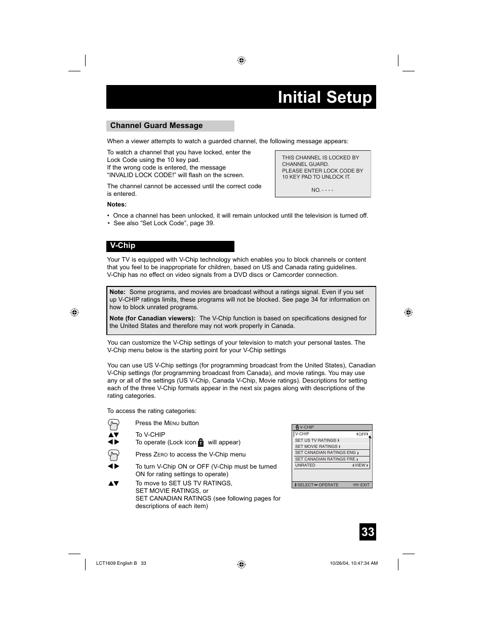 Initial setup, Channel guard message, V-chip | JVC I'Art LCT1609-001B-A User Manual | Page 33 / 72