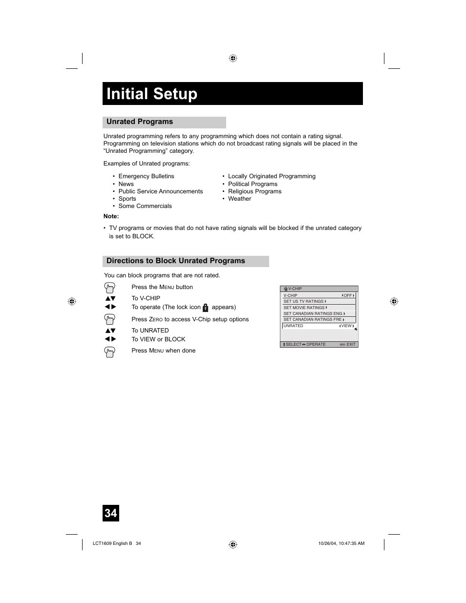 Initial setup, Directions to block unrated programs, Unrated programs | JVC I'Art LCT1609-001B-A User Manual | Page 34 / 72