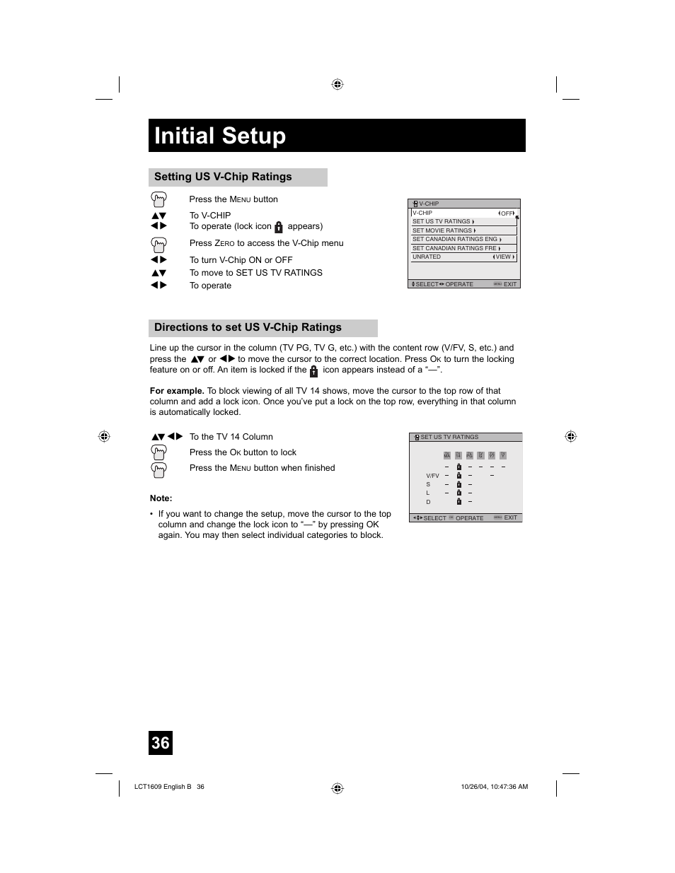 Initial setup, Directions to set us v-chip ratings, Setting us v-chip ratings | JVC I'Art LCT1609-001B-A User Manual | Page 36 / 72