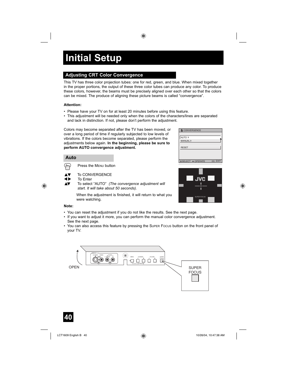 Initial setup, Adjusting crt color convergence auto | JVC I'Art LCT1609-001B-A User Manual | Page 40 / 72