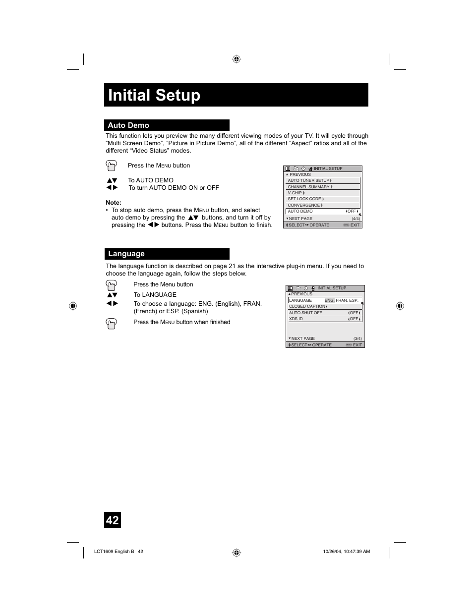 Initial setup, Language, Auto demo | JVC I'Art LCT1609-001B-A User Manual | Page 42 / 72