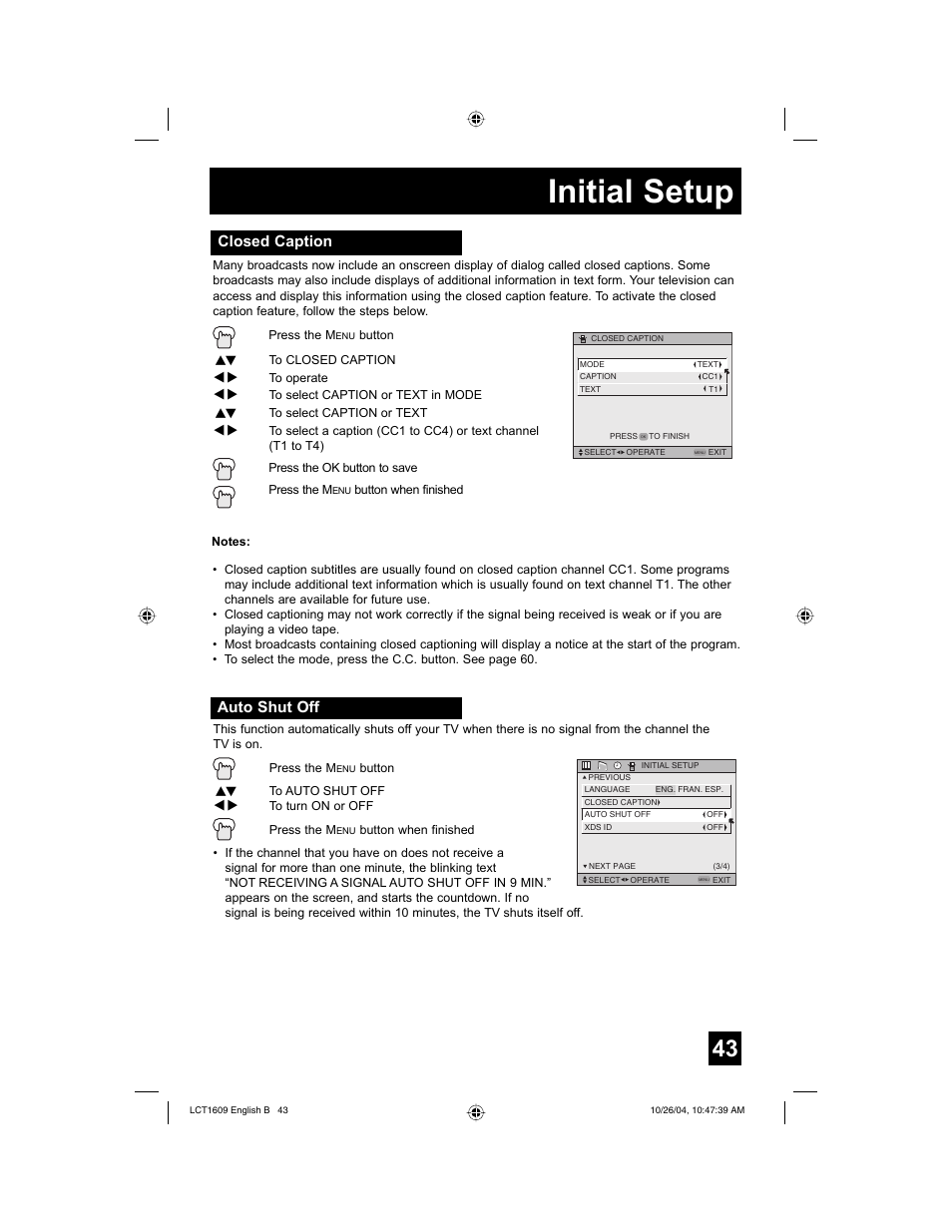 Initial setup, Closed caption, Auto shut off | JVC I'Art LCT1609-001B-A User Manual | Page 43 / 72