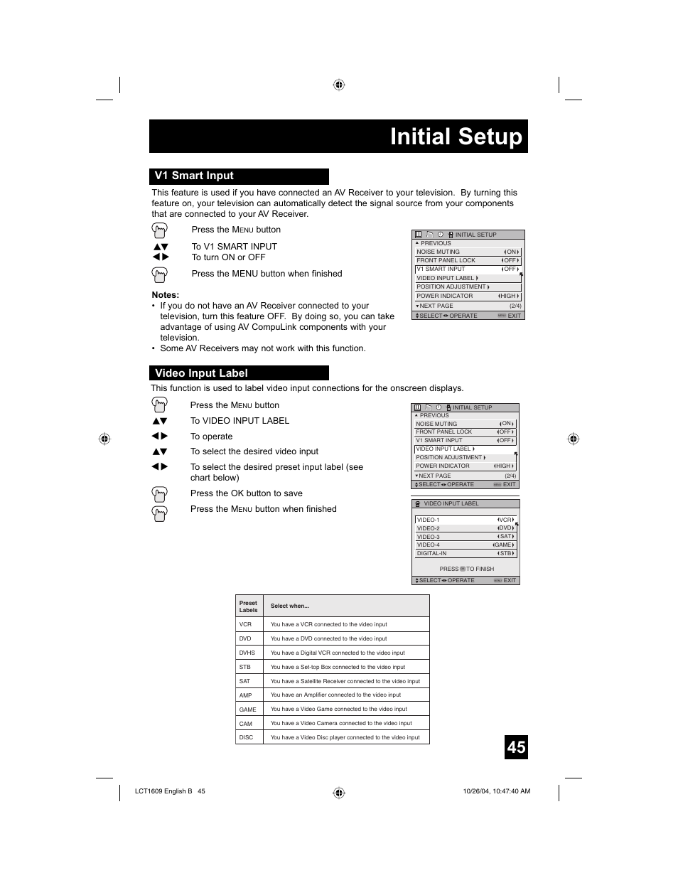 Initial setup, V1 smart input, Video input label | JVC I'Art LCT1609-001B-A User Manual | Page 45 / 72