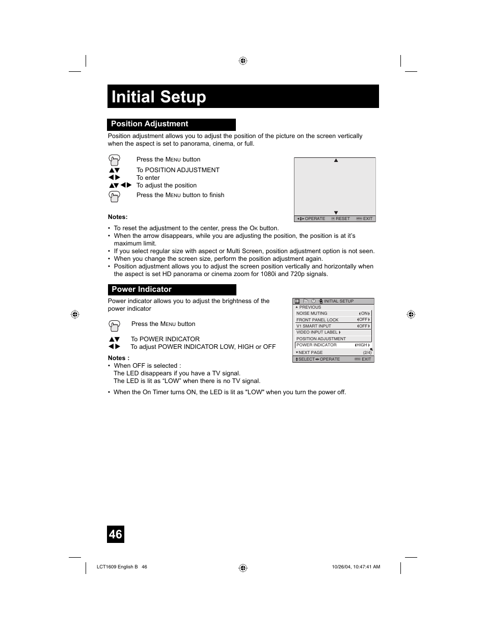 Initial setup, Position adjustment, Power indicator | JVC I'Art LCT1609-001B-A User Manual | Page 46 / 72