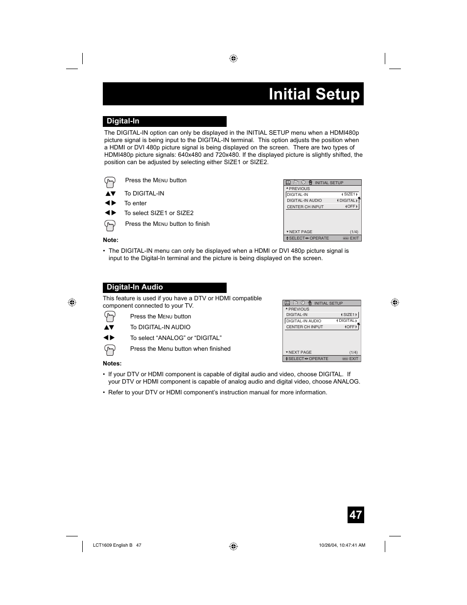 Initial setup, Digital-in, Digital-in audio | JVC I'Art LCT1609-001B-A User Manual | Page 47 / 72