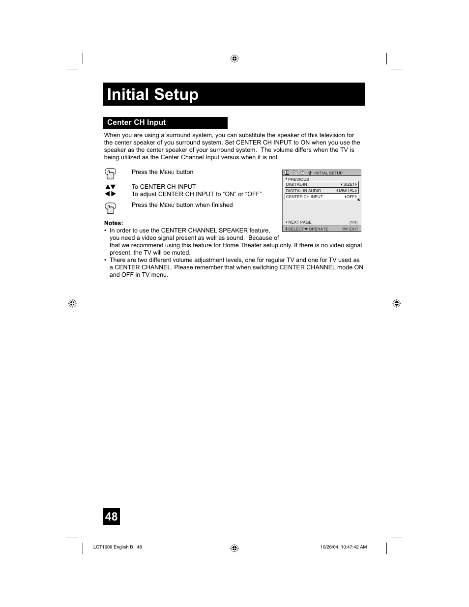 Initial setup, Center ch input | JVC I'Art LCT1609-001B-A User Manual | Page 48 / 72