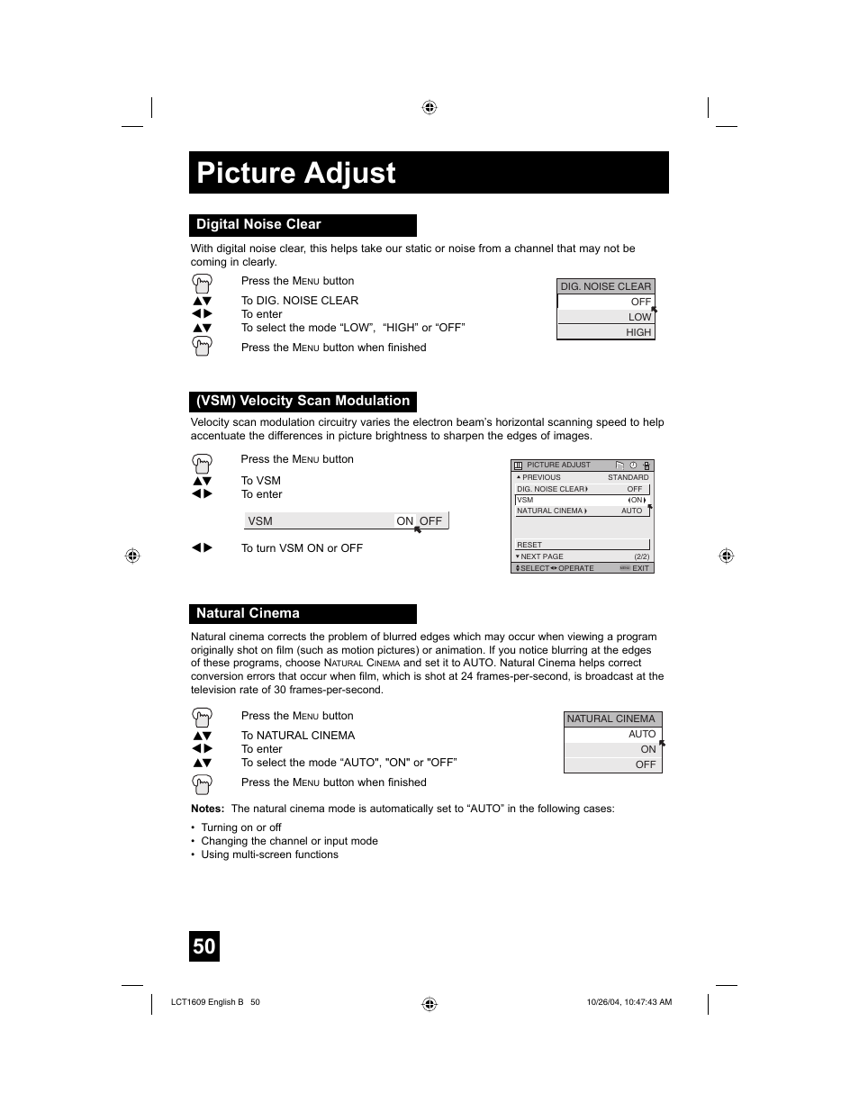 Picture adjust, Vsm) velocity scan modulation, Digital noise clear | Natural cinema | JVC I'Art LCT1609-001B-A User Manual | Page 50 / 72