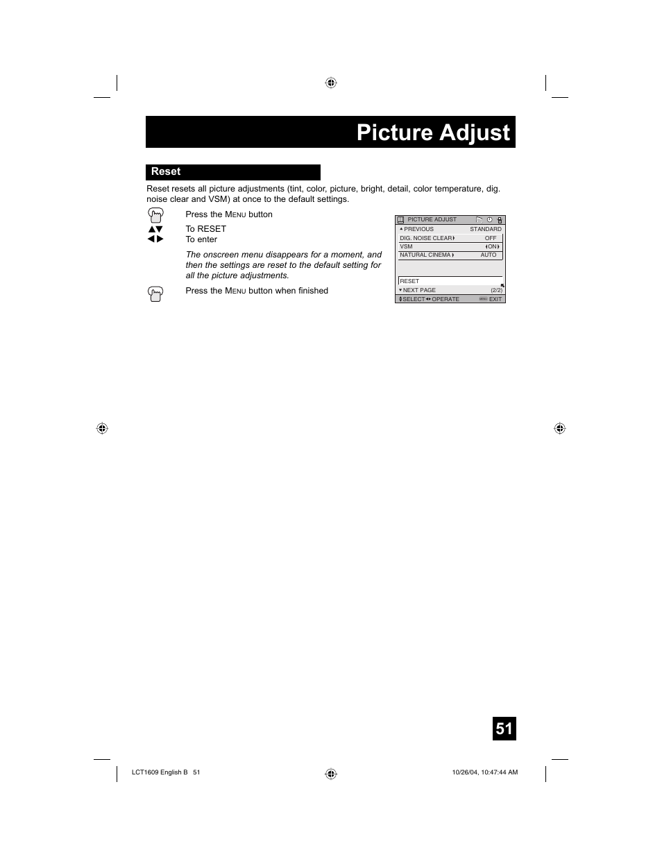 Picture adjust, Reset | JVC I'Art LCT1609-001B-A User Manual | Page 51 / 72