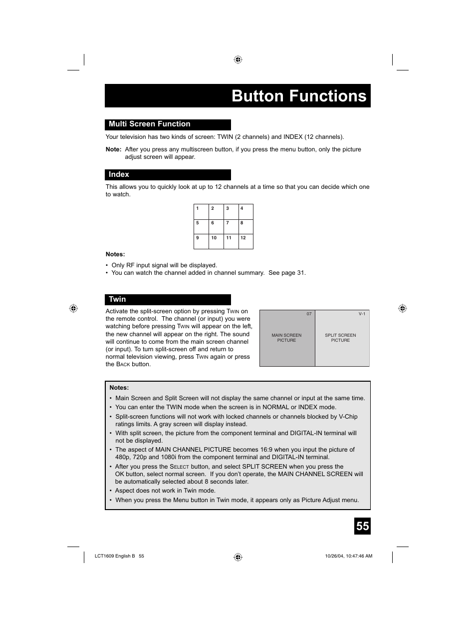 Button functions, Multi screen function, Index | Twin | JVC I'Art LCT1609-001B-A User Manual | Page 55 / 72
