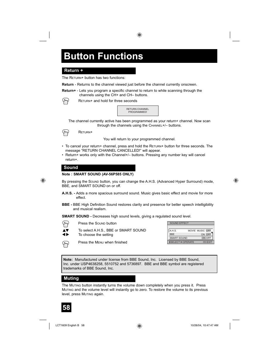 Button functions, Return, Sound | Muting | JVC I'Art LCT1609-001B-A User Manual | Page 58 / 72