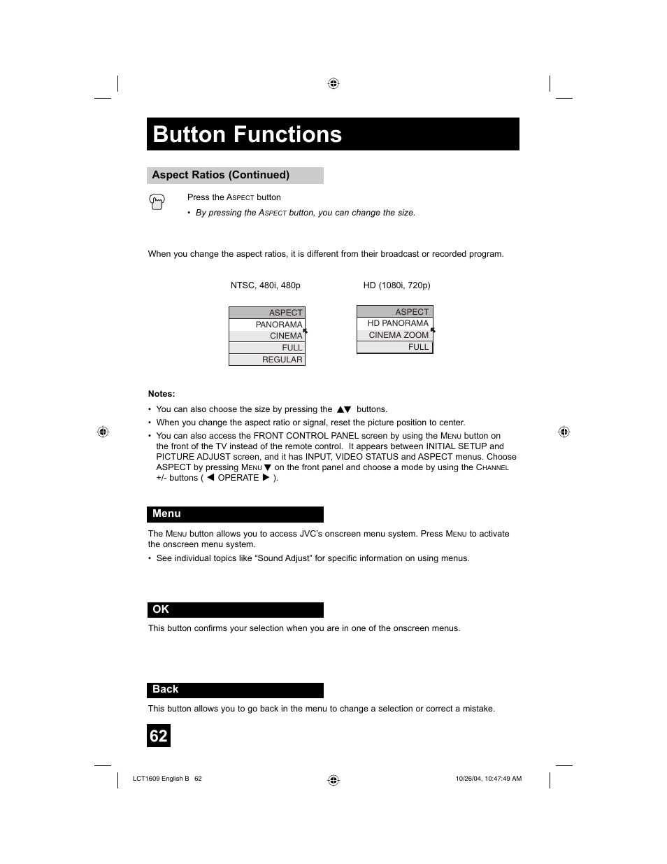 Button functions | JVC I'Art LCT1609-001B-A User Manual | Page 62 / 72