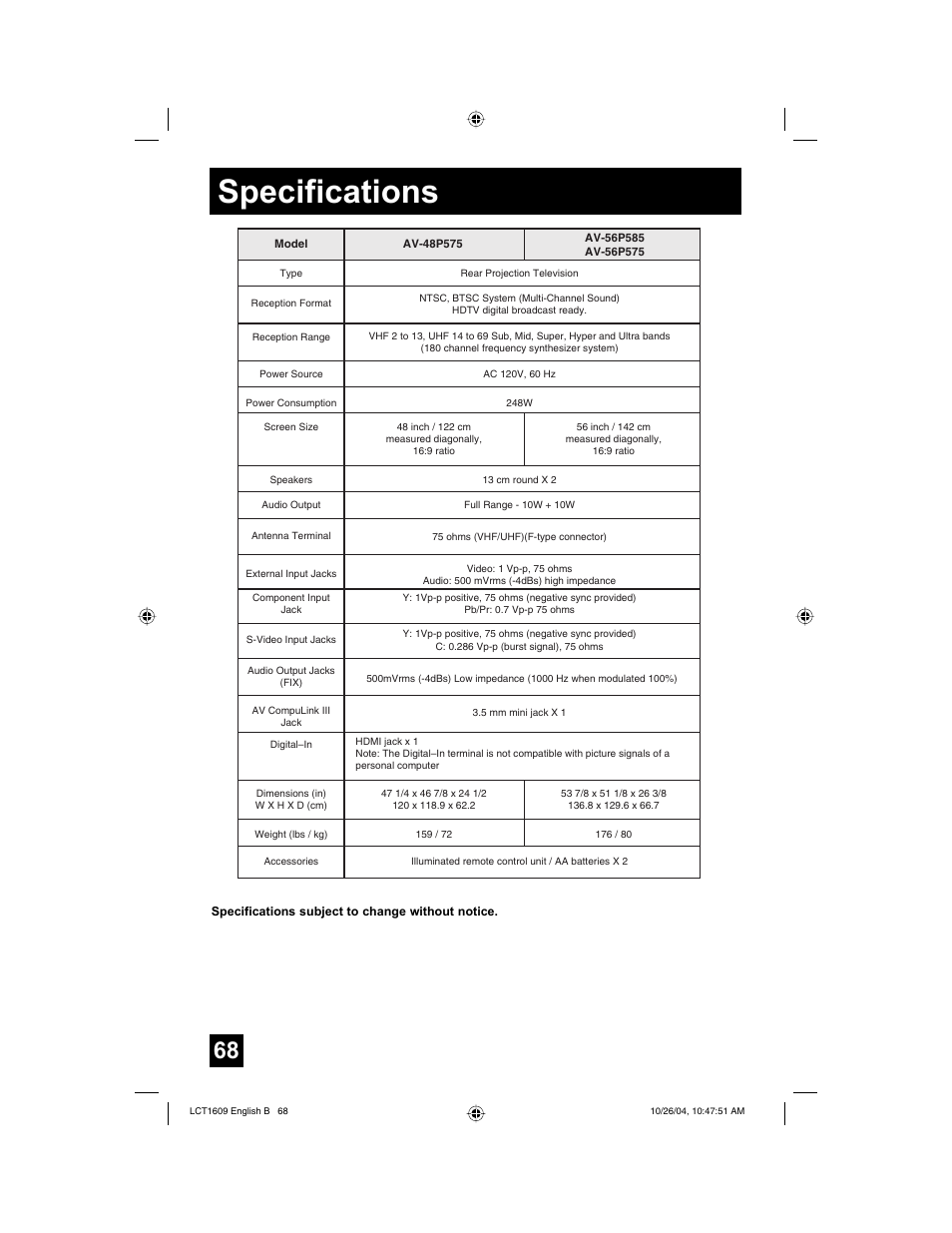 Specifications | JVC I'Art LCT1609-001B-A User Manual | Page 68 / 72