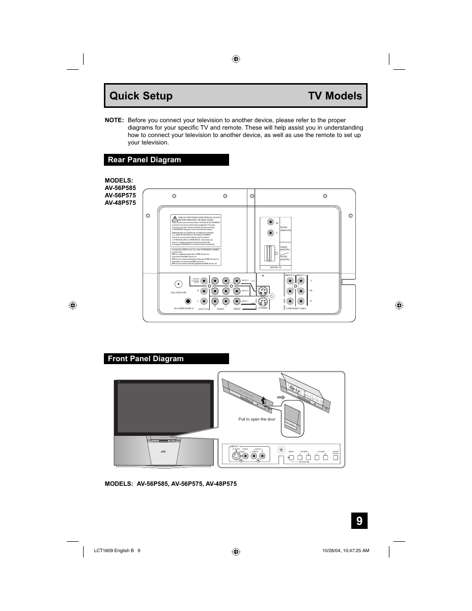 Quick setup tv models, Rear panel diagram front panel diagram, Inpu t- 4 s-video vid eo au dio r l / m on o ove r | JVC I'Art LCT1609-001B-A User Manual | Page 9 / 72