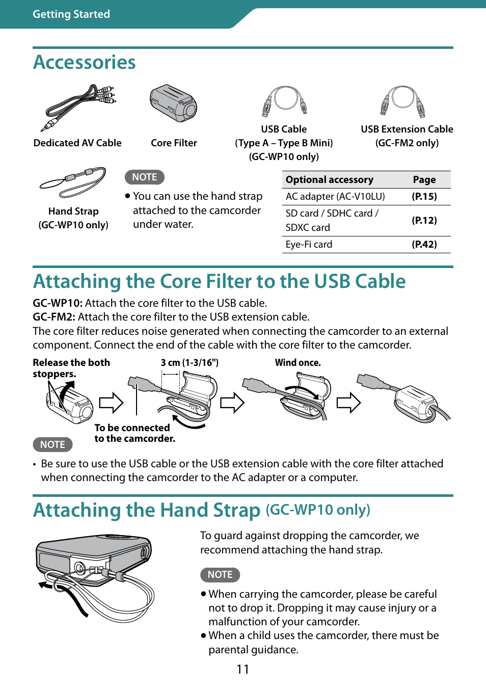 Getting started, Accessories, Attaching the core filter to the usb cable | Attaching the hand strap (gc-wp10 only), Accessories attaching the core filter to the, Usb cable, Attaching the, Hand strap, Gc-wp10 only), Accessories attaching the hand strap | JVC 0810YMH-AL-OT User Manual | Page 11 / 54