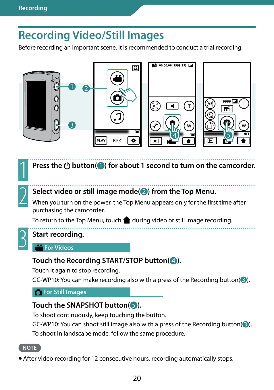 Recording, Recording video/still images | JVC 0810YMH-AL-OT User Manual | Page 20 / 54