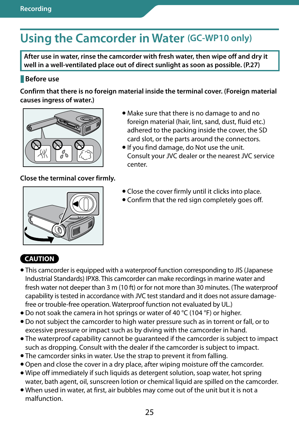 Using the camcorder in water (gc-wp10 only), Using the camcorder in, Water (gc-wp10 only) | Using the camcorder in water | JVC 0810YMH-AL-OT User Manual | Page 25 / 54