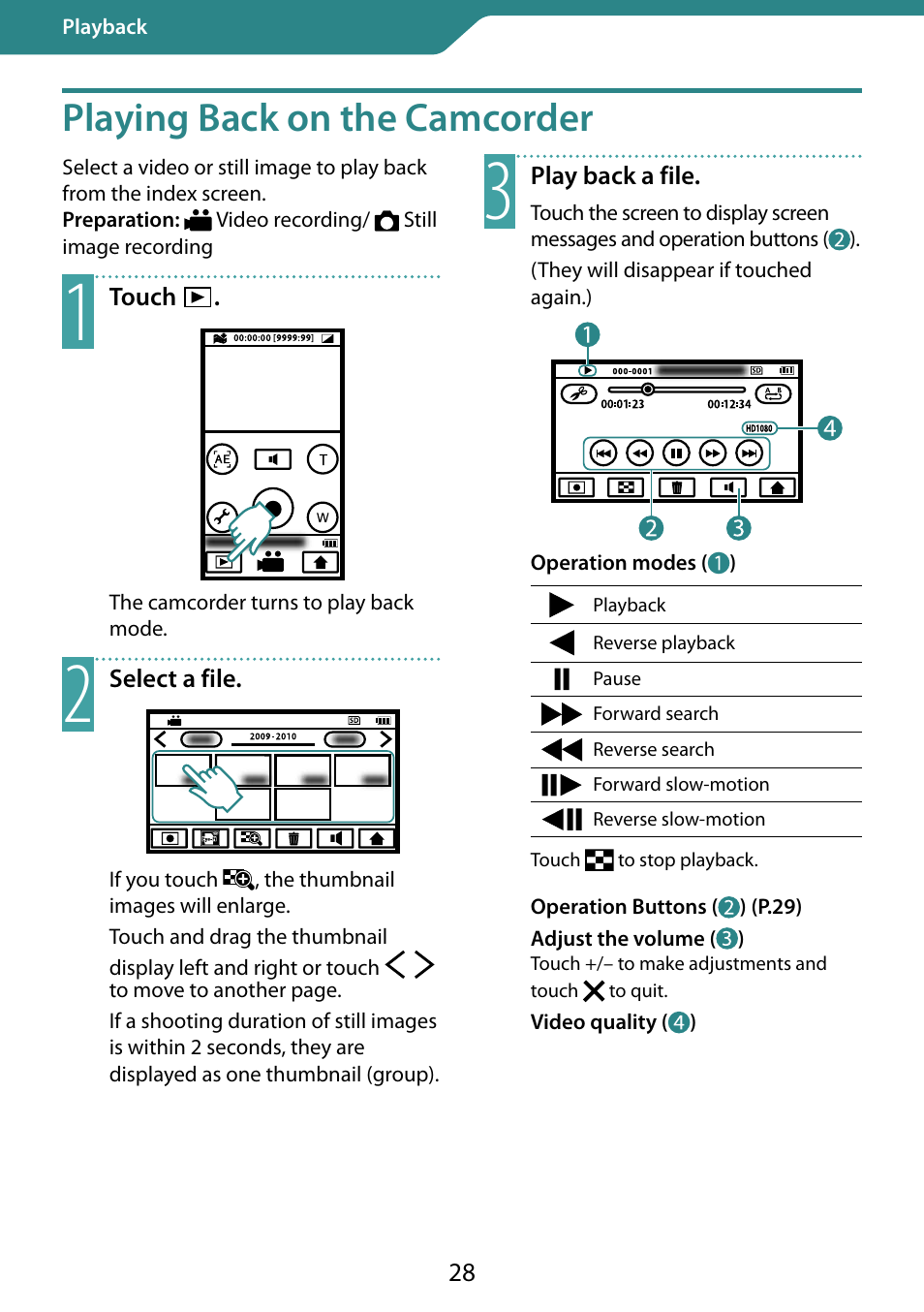 Playback, Playing back on the camcorder | JVC 0810YMH-AL-OT User Manual | Page 28 / 54