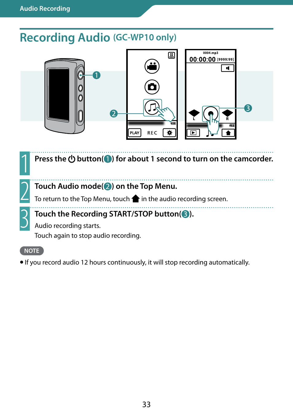 Audio recording, Recording audio (gc-wp10 only), Recording audio | Gc-wp10 only) | JVC 0810YMH-AL-OT User Manual | Page 33 / 54