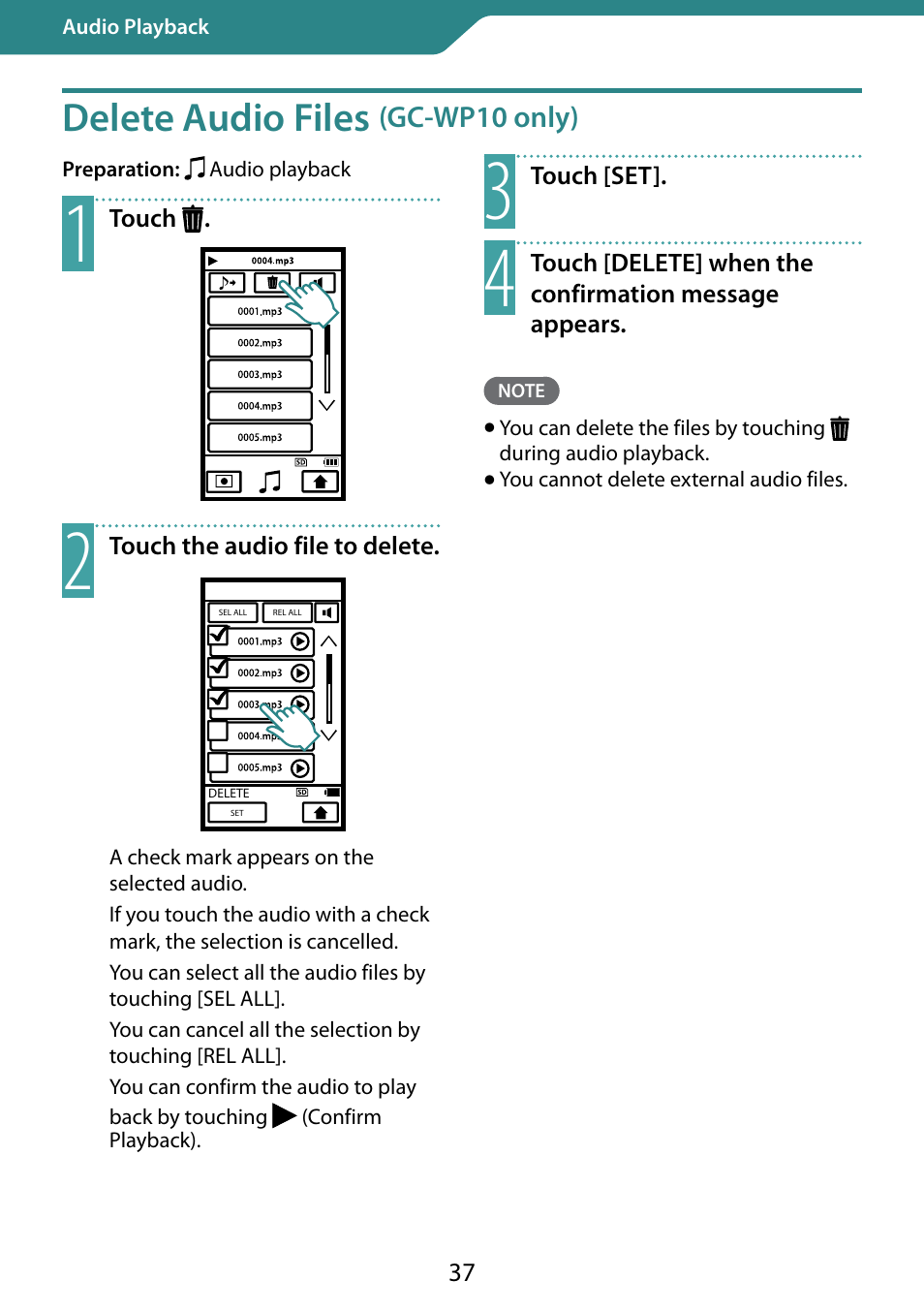 Delete audio files (gc-wp10 only), Delete audio files, Gc-wp10 only) | JVC 0810YMH-AL-OT User Manual | Page 37 / 54