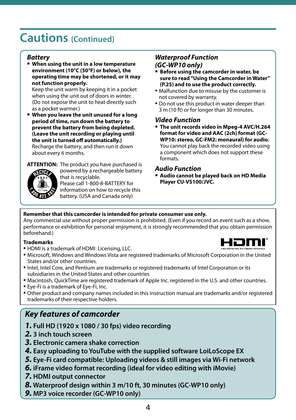 Cautions, Continued), Key features of camcorder 1 | JVC 0810YMH-AL-OT User Manual | Page 4 / 54