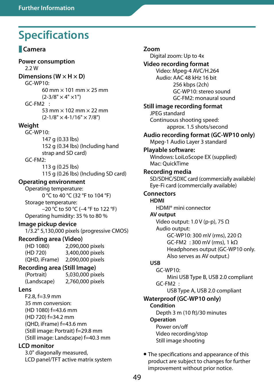 Specifications | JVC 0810YMH-AL-OT User Manual | Page 49 / 54