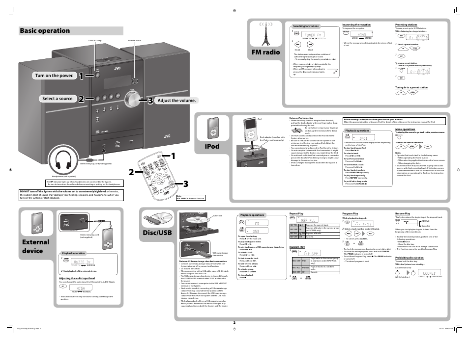 Basic operation, Fm radio, Ipod | Disc/usb, External device, Fm radio ipod disc/usb external device, Turn on the power, Select a source, Adjust the volume | JVC CA-UXSG5B User Manual | Page 2 / 2
